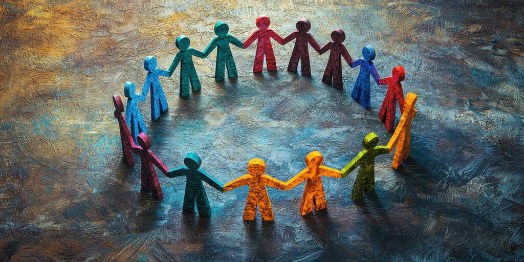 Meaningful Life concept - figures in a circle holding hands to symbolize community and faith